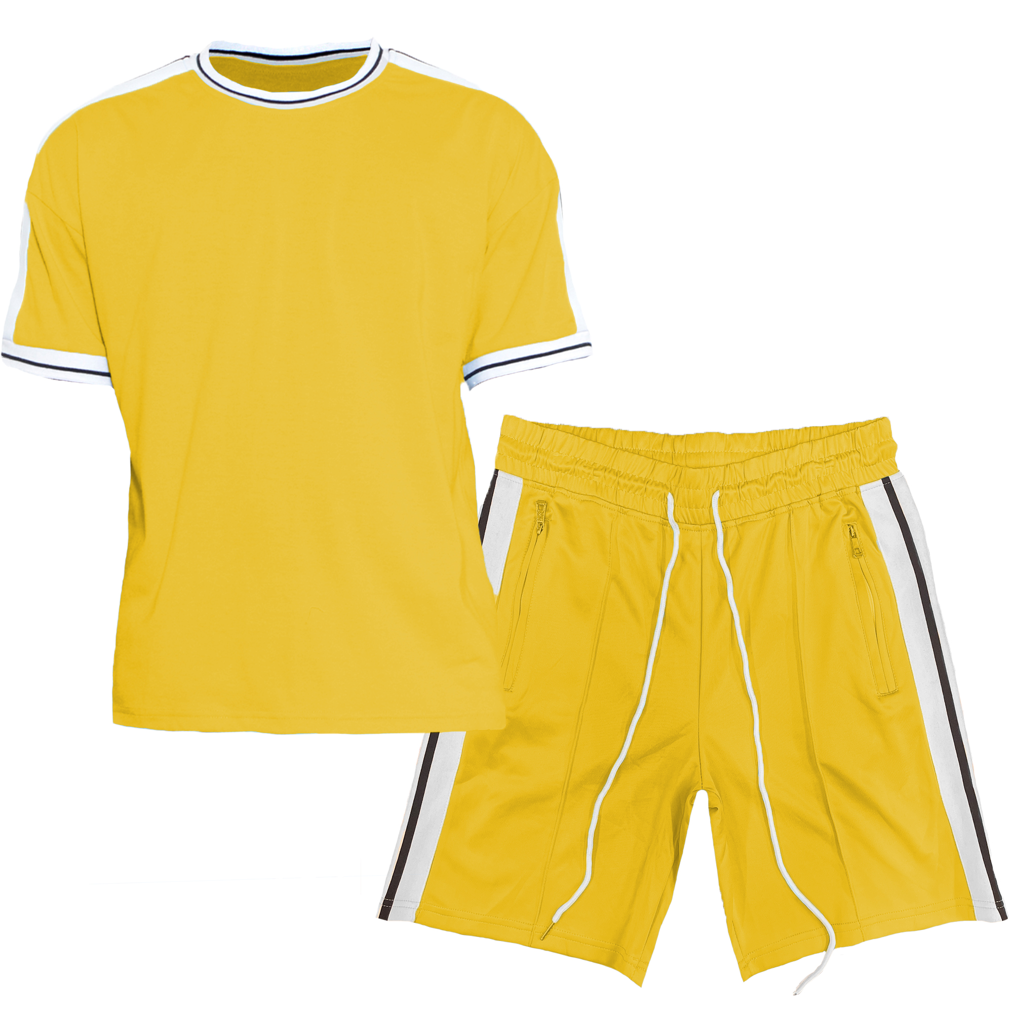 A stylish Side Stripe Tape Short Set featuring a matching T-shirt and shorts with striped tape detailing, elastic waist, and standard pockets.