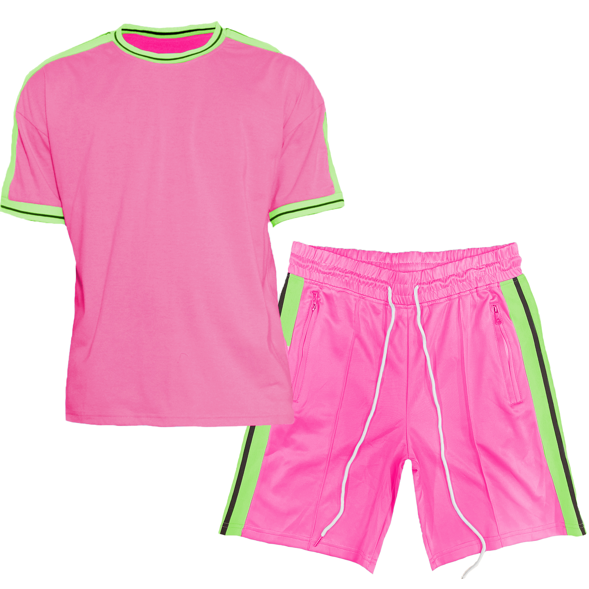 A stylish Side Stripe Tape Short Set featuring a matching t-shirt and shorts with striped tape detailing, elastic waist, and standard pockets.