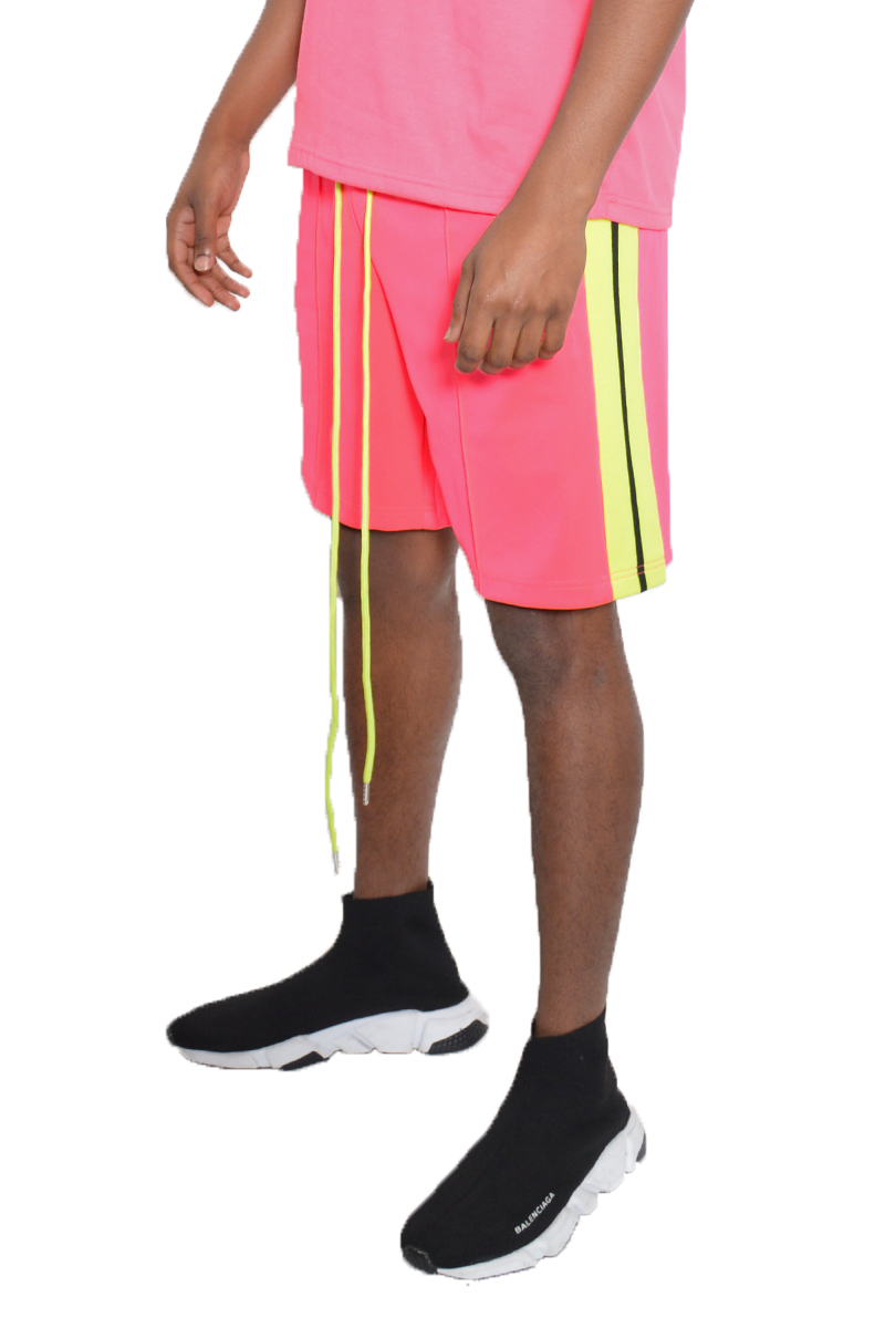 A stylish Side Stripe Tape Short Set featuring a matching t-shirt and shorts with striped tape detailing, elastic waist, and standard pockets.