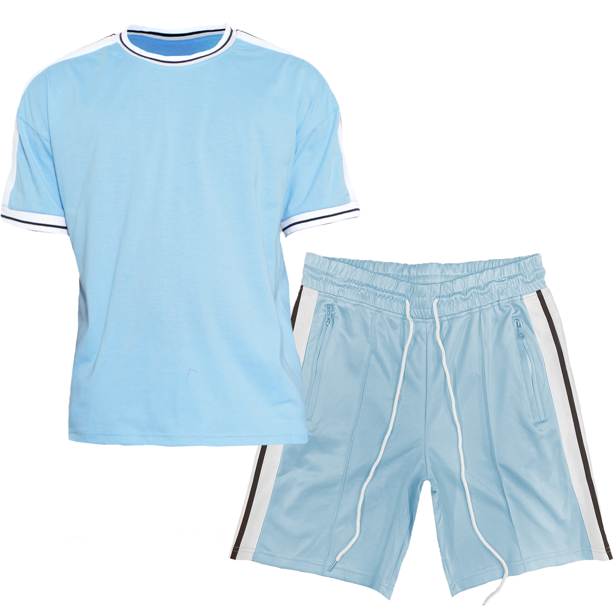 A stylish Side Stripe Tape Short Set featuring a matching t-shirt and shorts with striped tape detailing, elastic waist, and standard pockets.