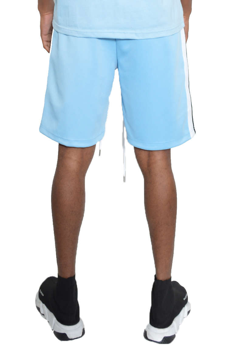 A stylish Side Stripe Tape Short Set featuring a matching t-shirt and shorts with striped tape detailing, elastic waist, and standard pockets.