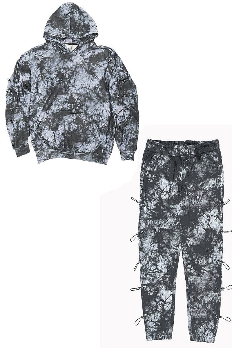 Side Toggle Sweat Set featuring a tie-dye hoodie and sweatpants with toggle details and ribbed ankles.