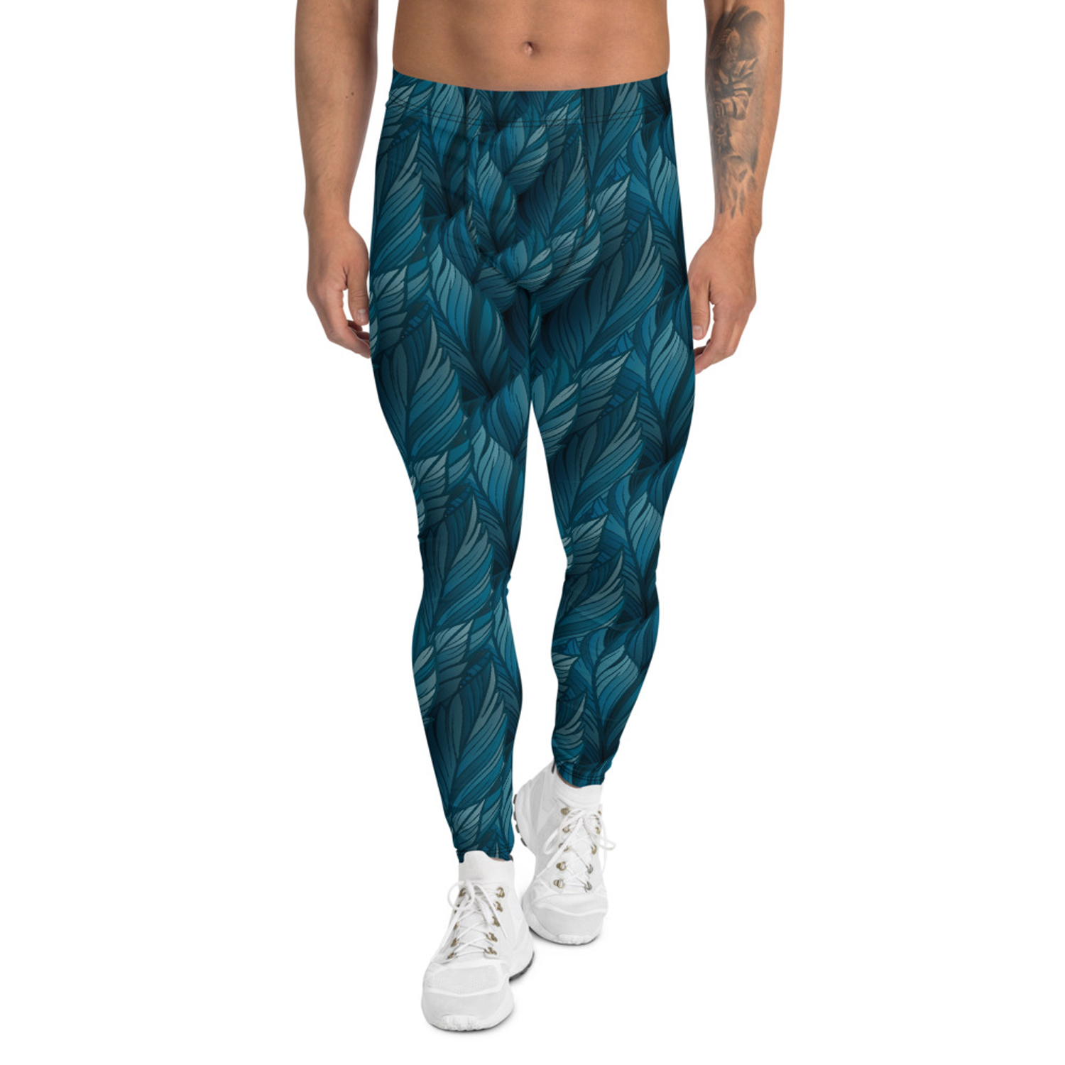 Teal Feather Leggings for Men showcasing a vibrant feather print, made from high-performance moisture-wicking fabric, ideal for various sports and activities.