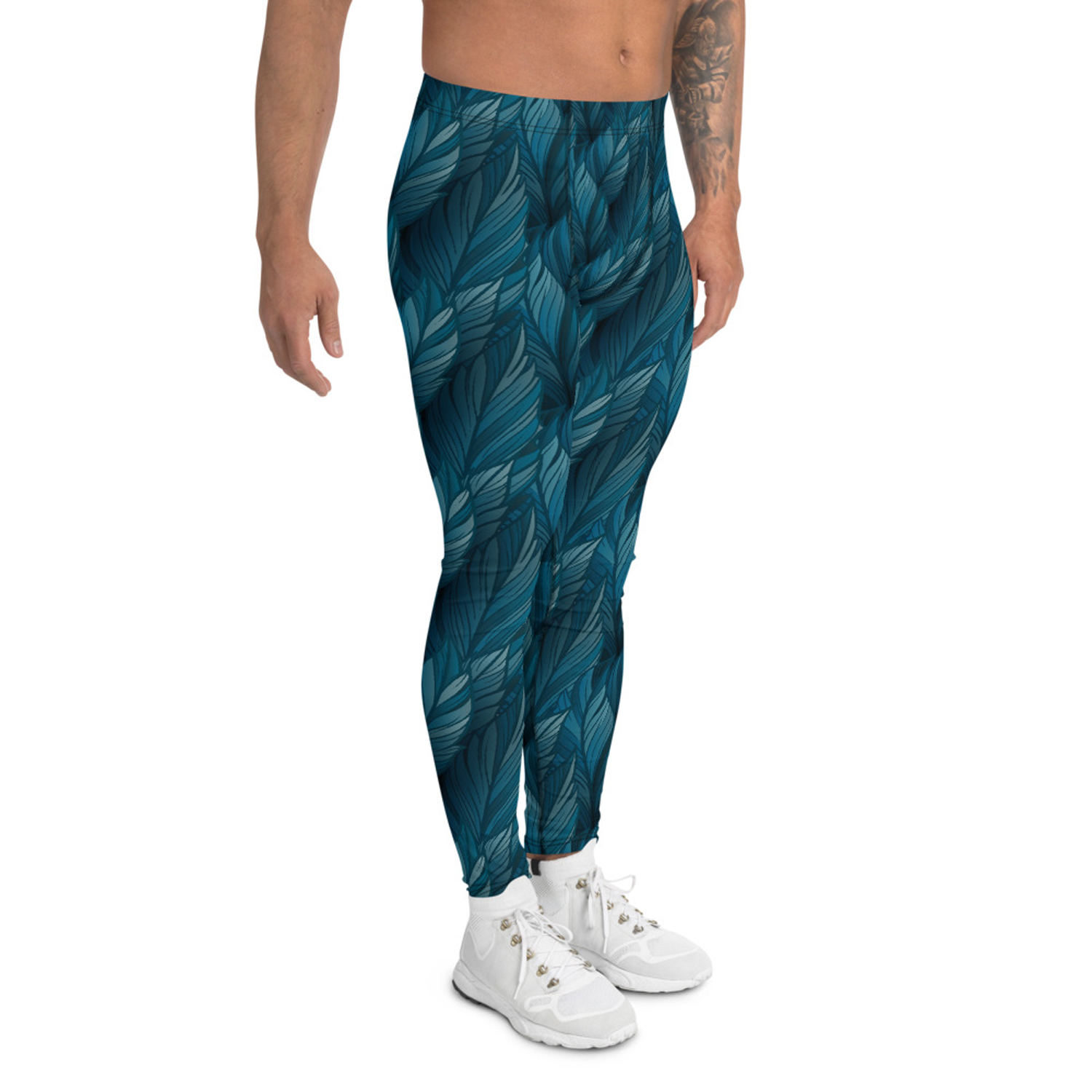 Teal Feather Leggings for Men showcasing a vibrant feather print, made from high-performance moisture-wicking fabric, ideal for various sports and activities.