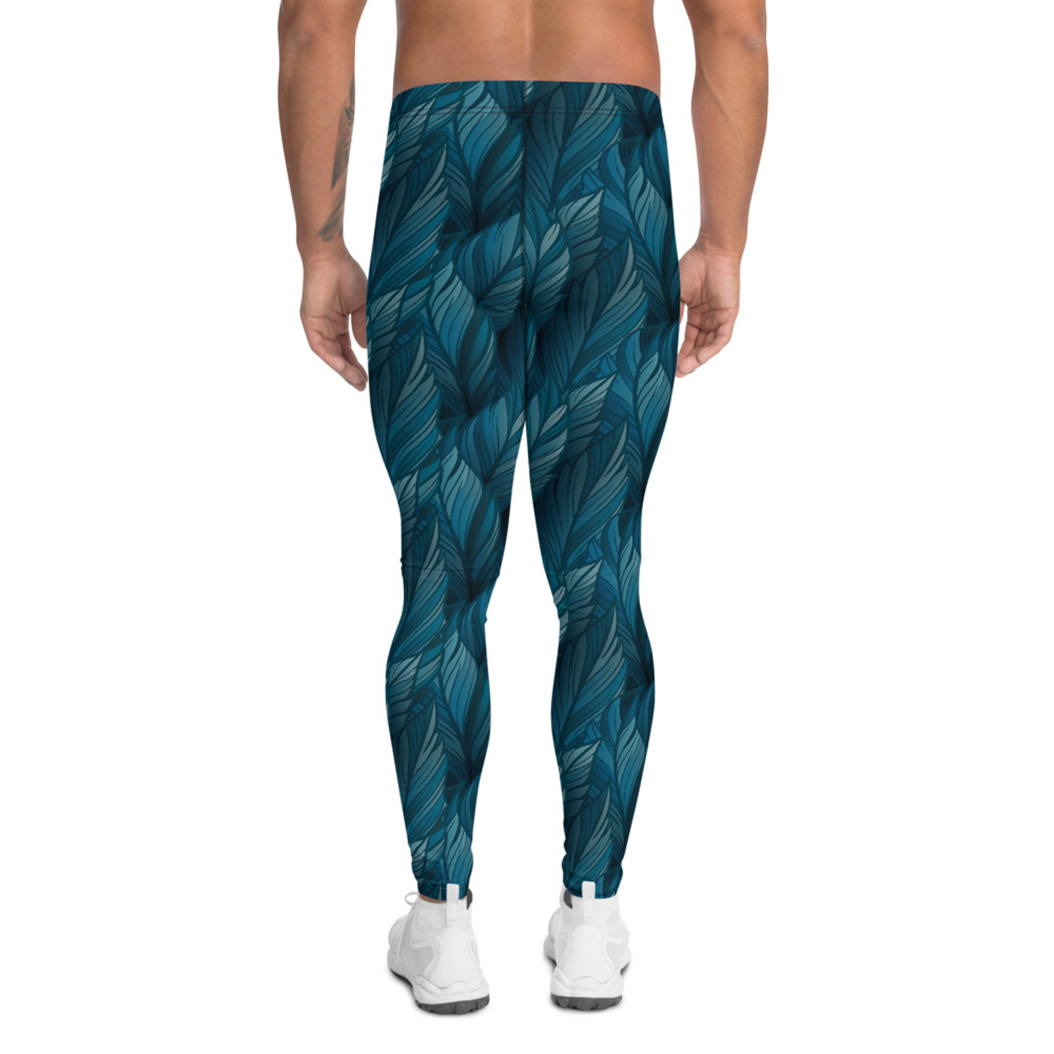 Teal Feather Leggings for Men showcasing a vibrant feather print, made from high-performance moisture-wicking fabric, ideal for various sports and activities.