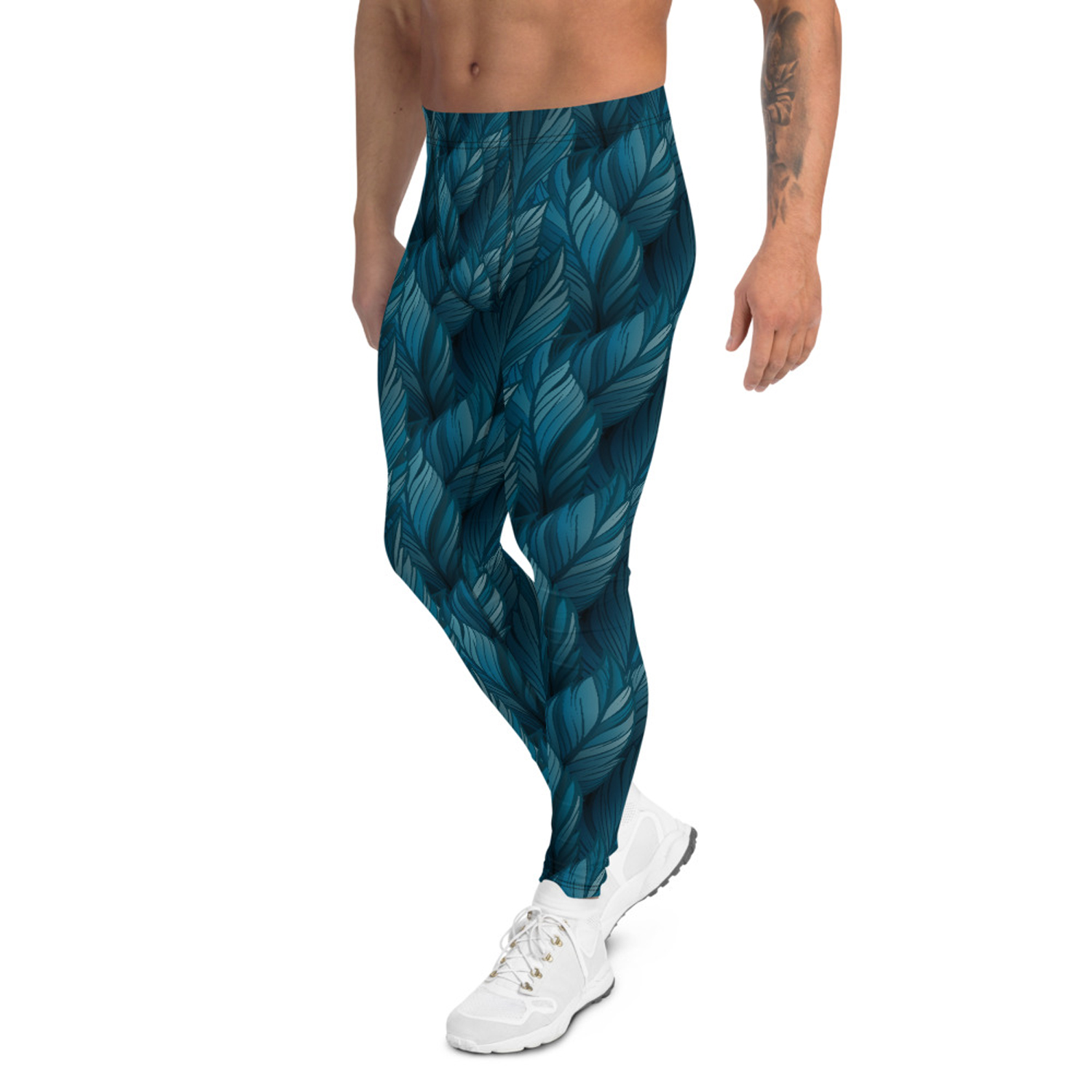 Teal Feather Leggings for Men showcasing a vibrant feather print, made from high-performance moisture-wicking fabric, ideal for various sports and activities.