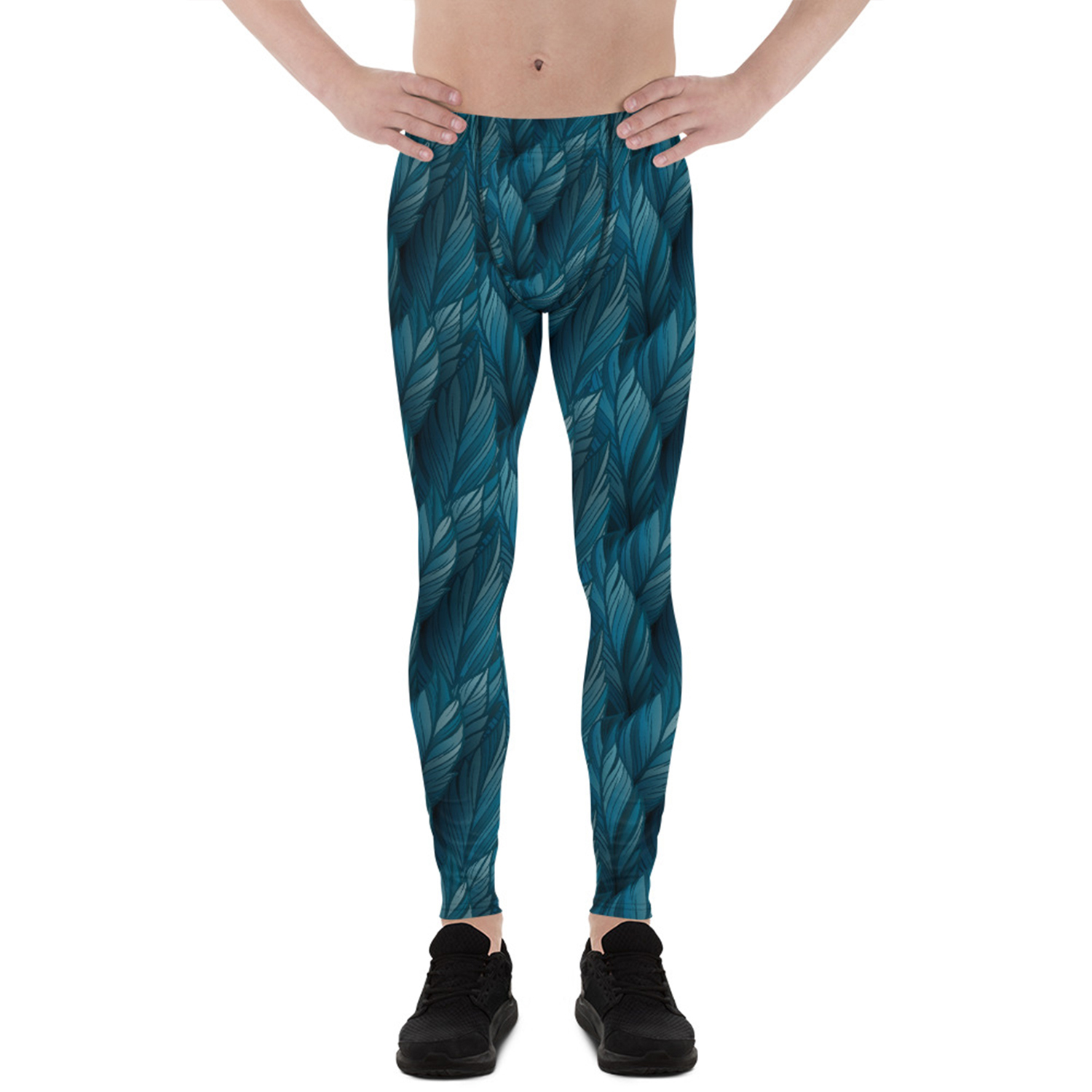 Teal Feather Leggings for Men showcasing a vibrant feather print, made from high-performance moisture-wicking fabric, ideal for various sports and activities.