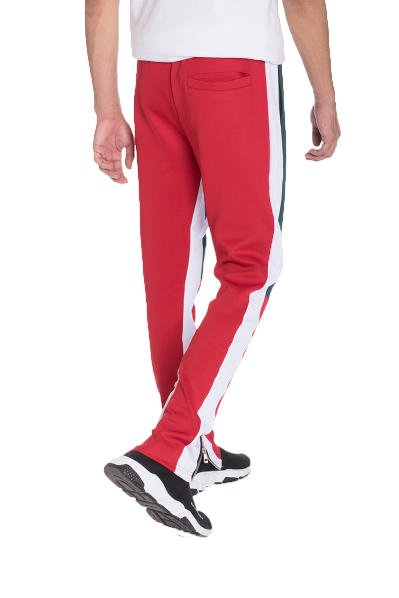 TP0555 Color Block Slim Fit Track Pants featuring a stylish design with elastic waistband, zippered pockets, and contrast colored stripes.