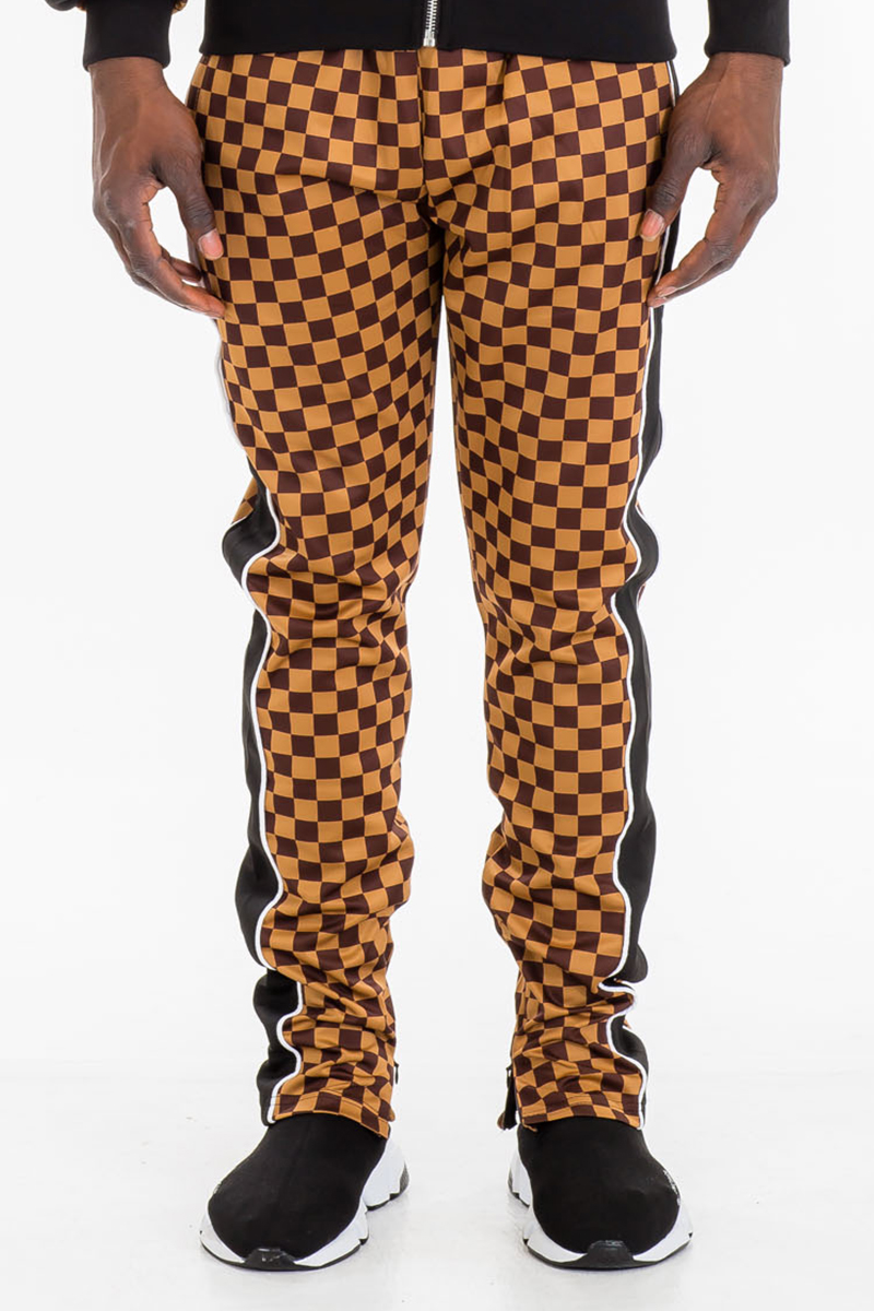 TP0512 Checkered Side Stripe Track Pants featuring a stylish checkered pattern, skinny fit, ankle zippers, and an elastic waist.