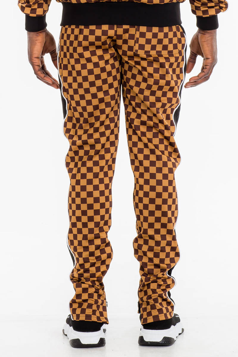 TP0512 Checkered Side Stripe Track Pants featuring a stylish checkered pattern, skinny fit, ankle zippers, and an elastic waist.