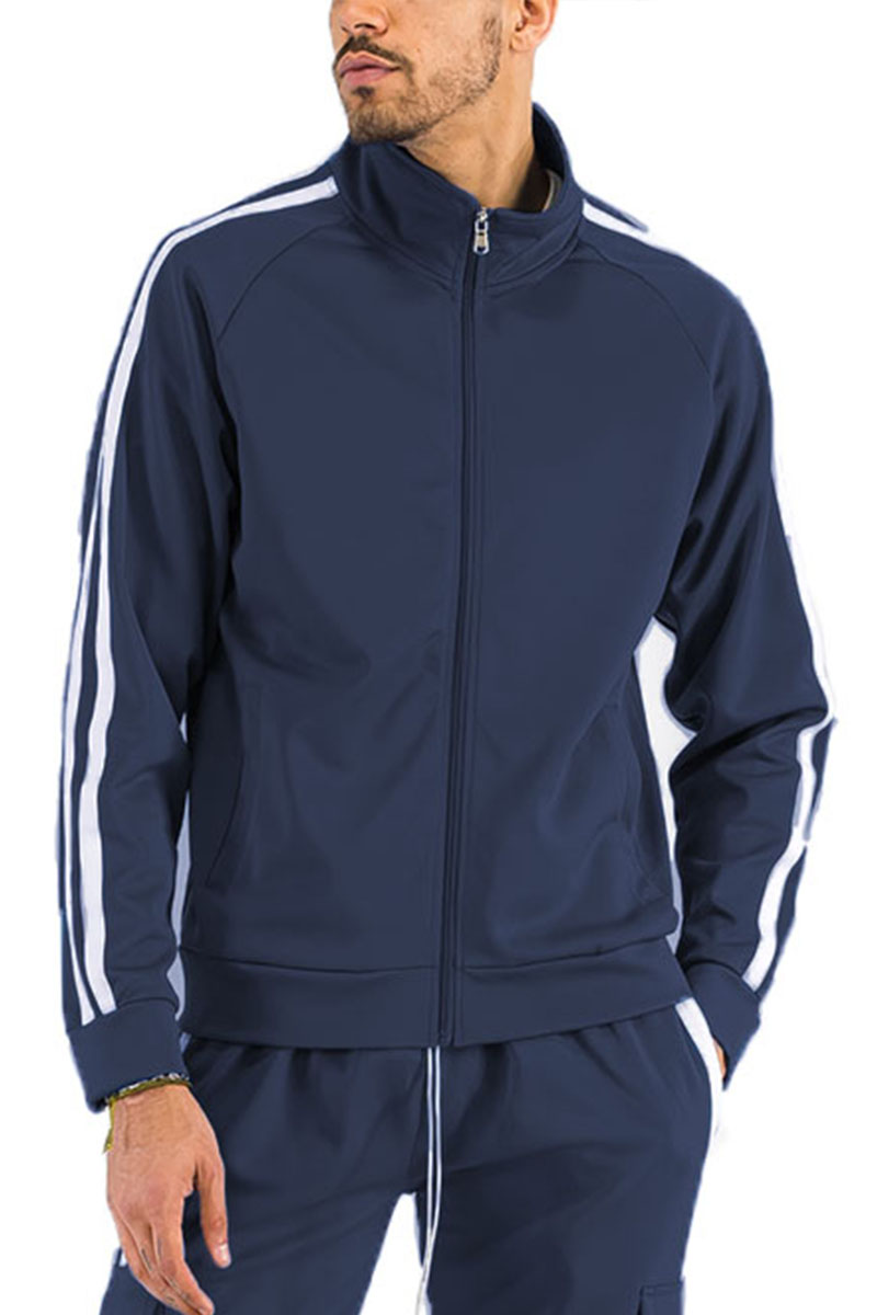 A stylish Two Stripe Zip Up Track Jacket featuring a full zip design and two stripe detail on the sleeves, made from a comfortable polyester-spandex blend.