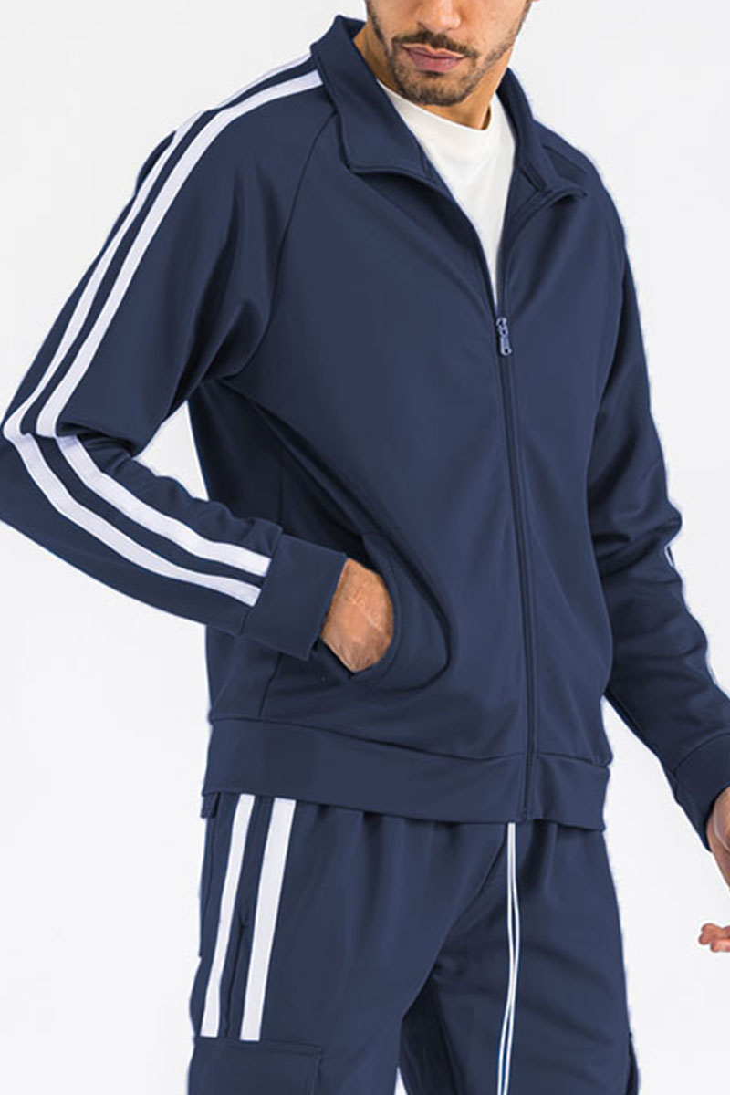 A stylish Two Stripe Zip Up Track Jacket featuring a full zip design and two stripe detail on the sleeves, made from a comfortable polyester-spandex blend.