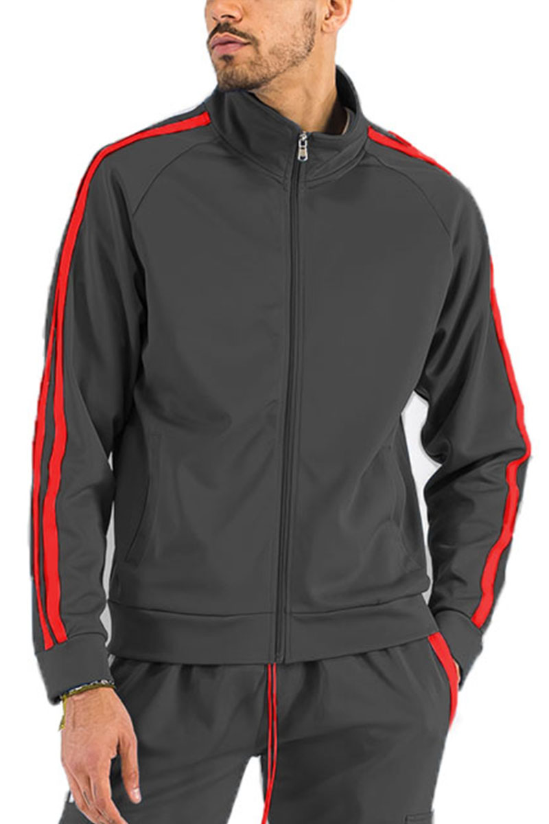 A stylish Two Stripe Zip Up Track Jacket featuring a full zip design and two stripe detail on the sleeves, made from a comfortable polyester and spandex blend.