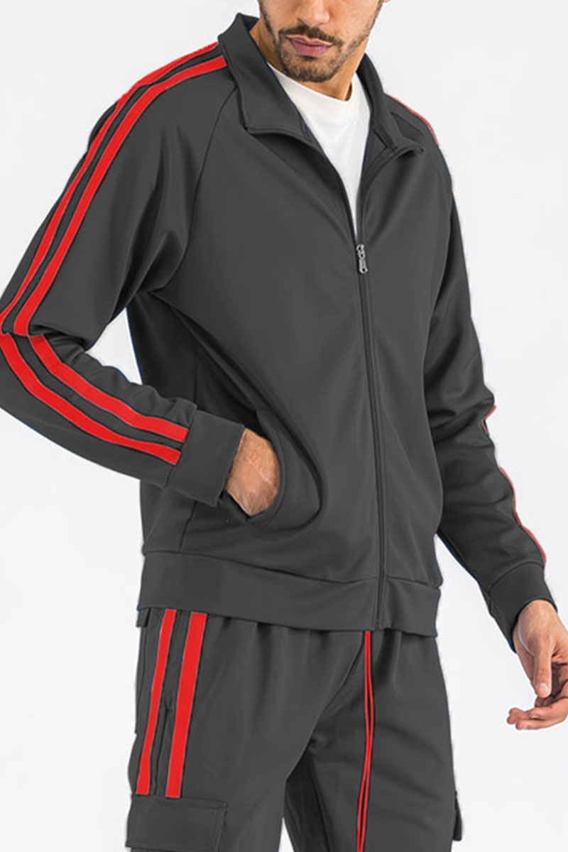 A stylish Two Stripe Zip Up Track Jacket featuring a full zip design and two stripe detail on the sleeves, made from a comfortable polyester and spandex blend.