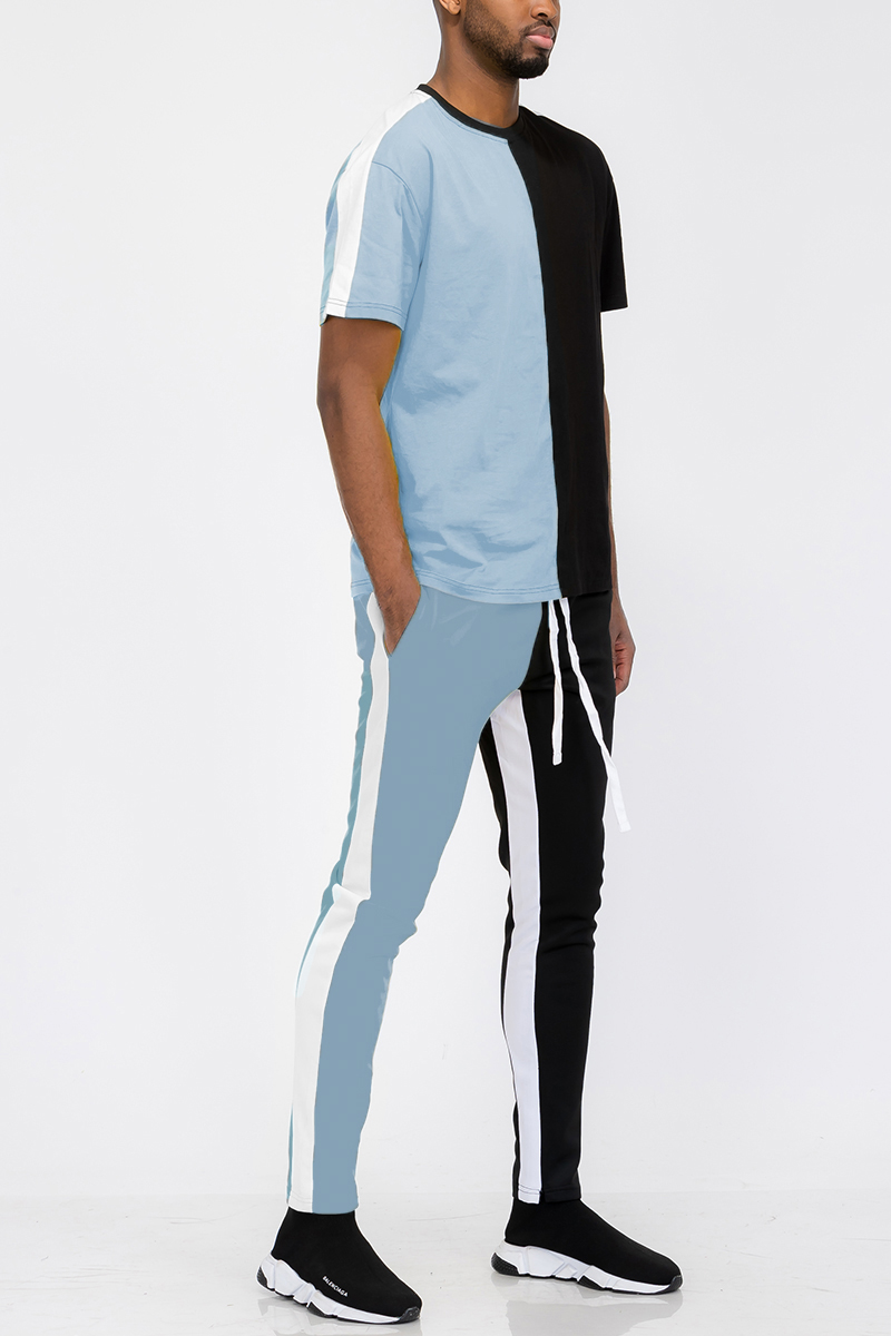 Two Way Split T-shirt Set featuring a cotton T-shirt and polyester track pants with side stripe and ankle zipper.