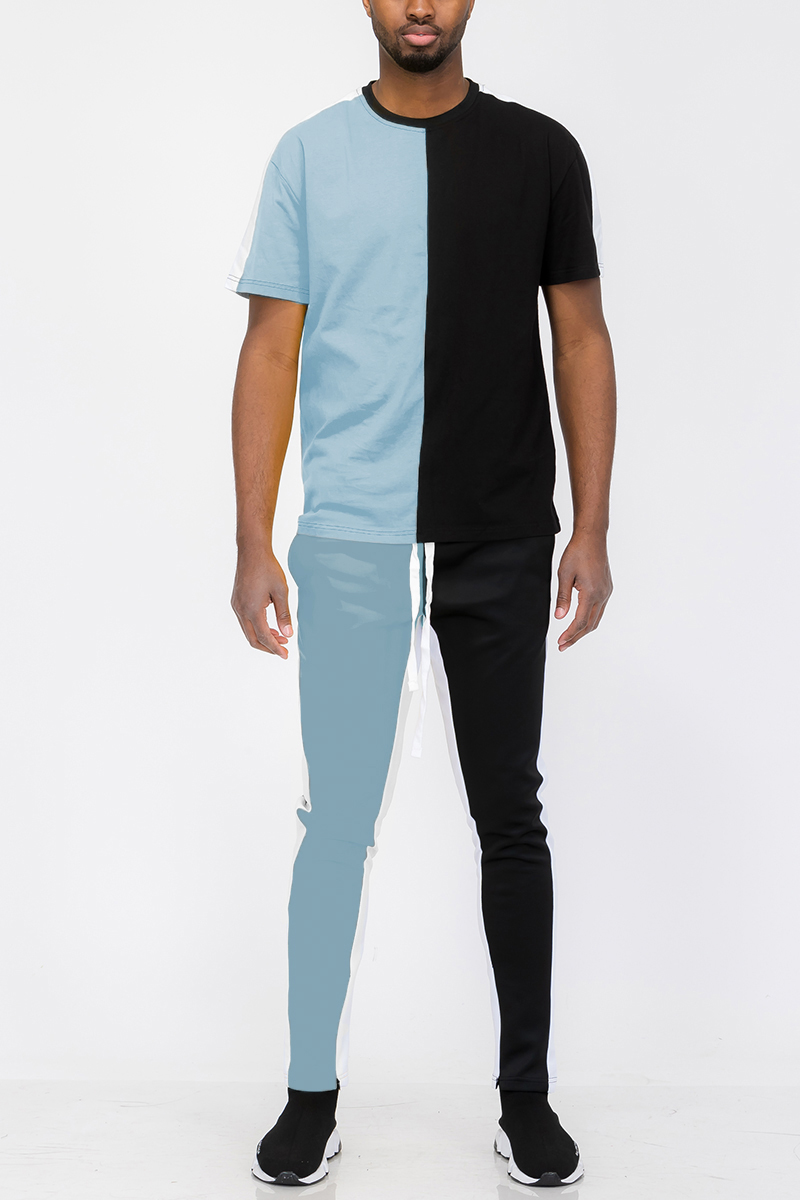 Two Way Split T-shirt Set featuring a cotton T-shirt and polyester track pants with side stripe and ankle zipper.