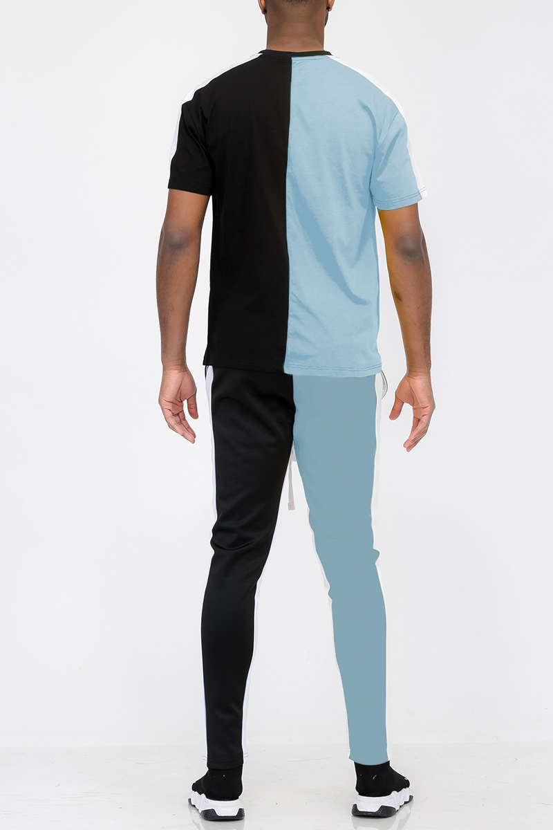 Two Way Split T-shirt Set featuring a cotton T-shirt and polyester track pants with side stripe and ankle zipper.