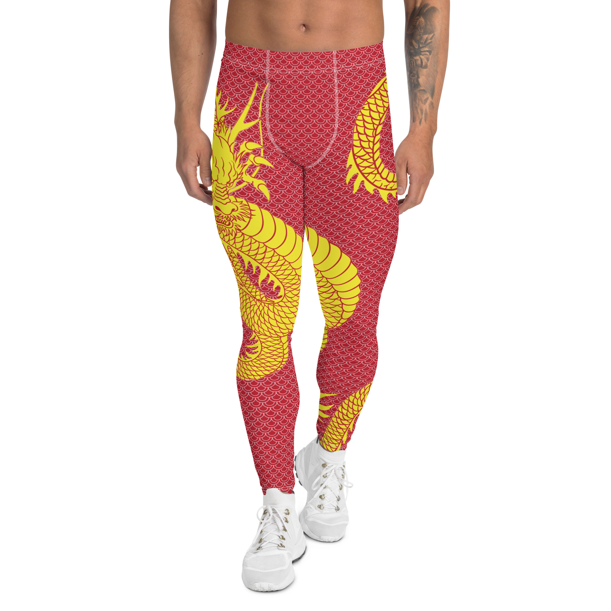 A pair of Yellow Dragon Red Leggings for men, showcasing a vibrant design and high-performance fabric suitable for various activities.