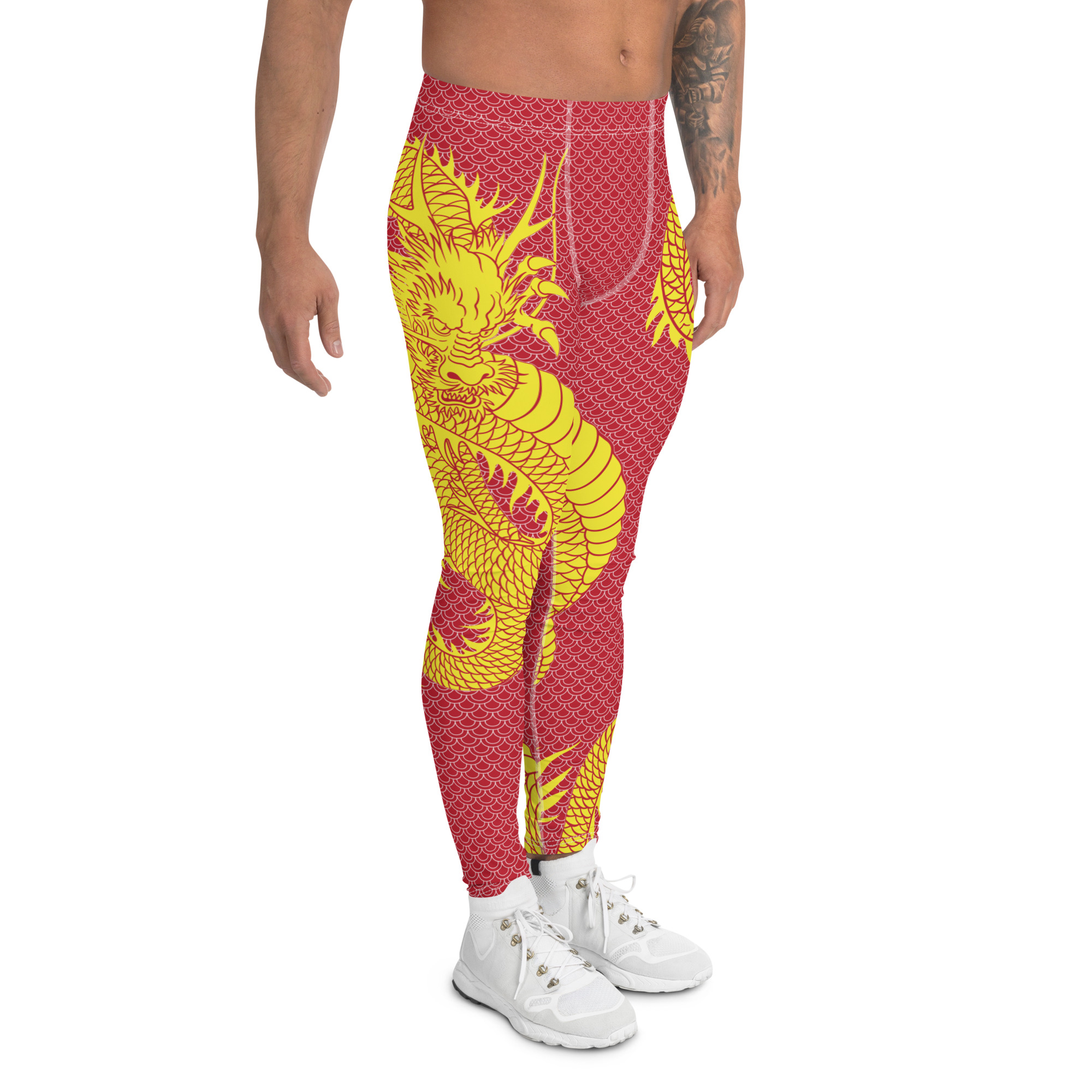 A pair of Yellow Dragon Red Leggings for men, showcasing a vibrant design and high-performance fabric suitable for various activities.