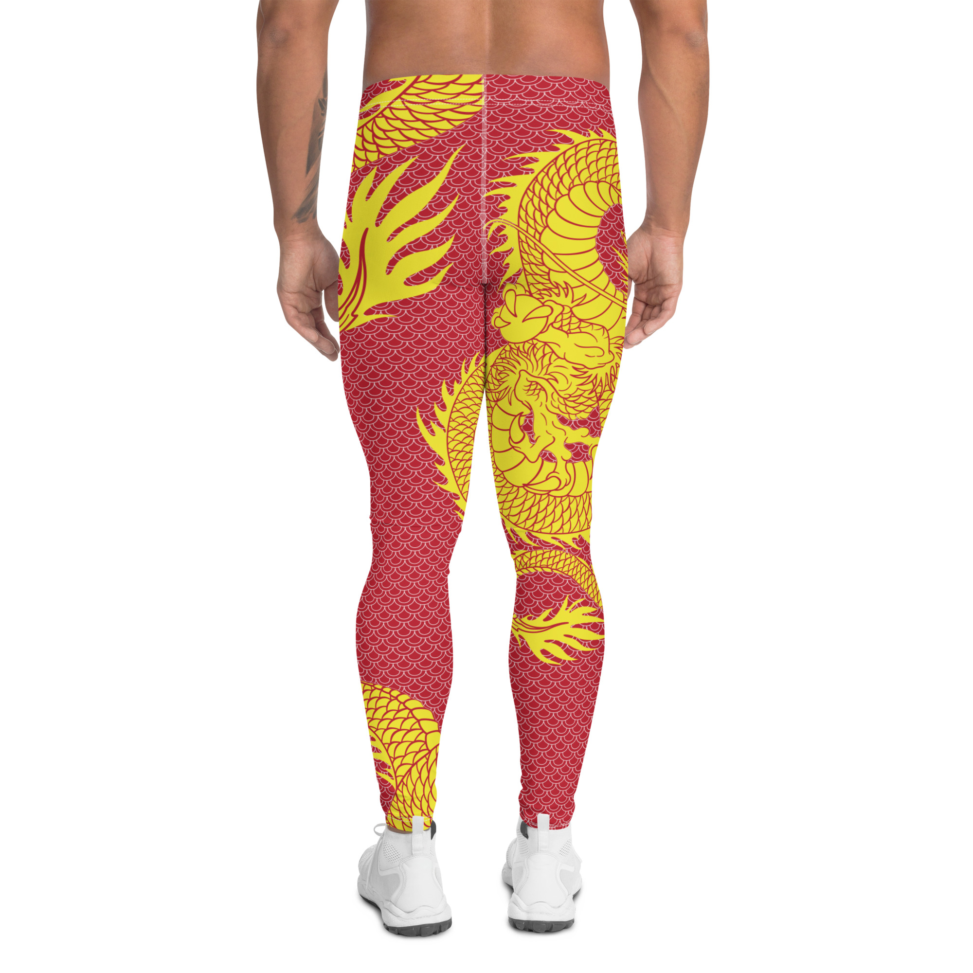 A pair of Yellow Dragon Red Leggings for men, showcasing a vibrant design and high-performance fabric suitable for various activities.