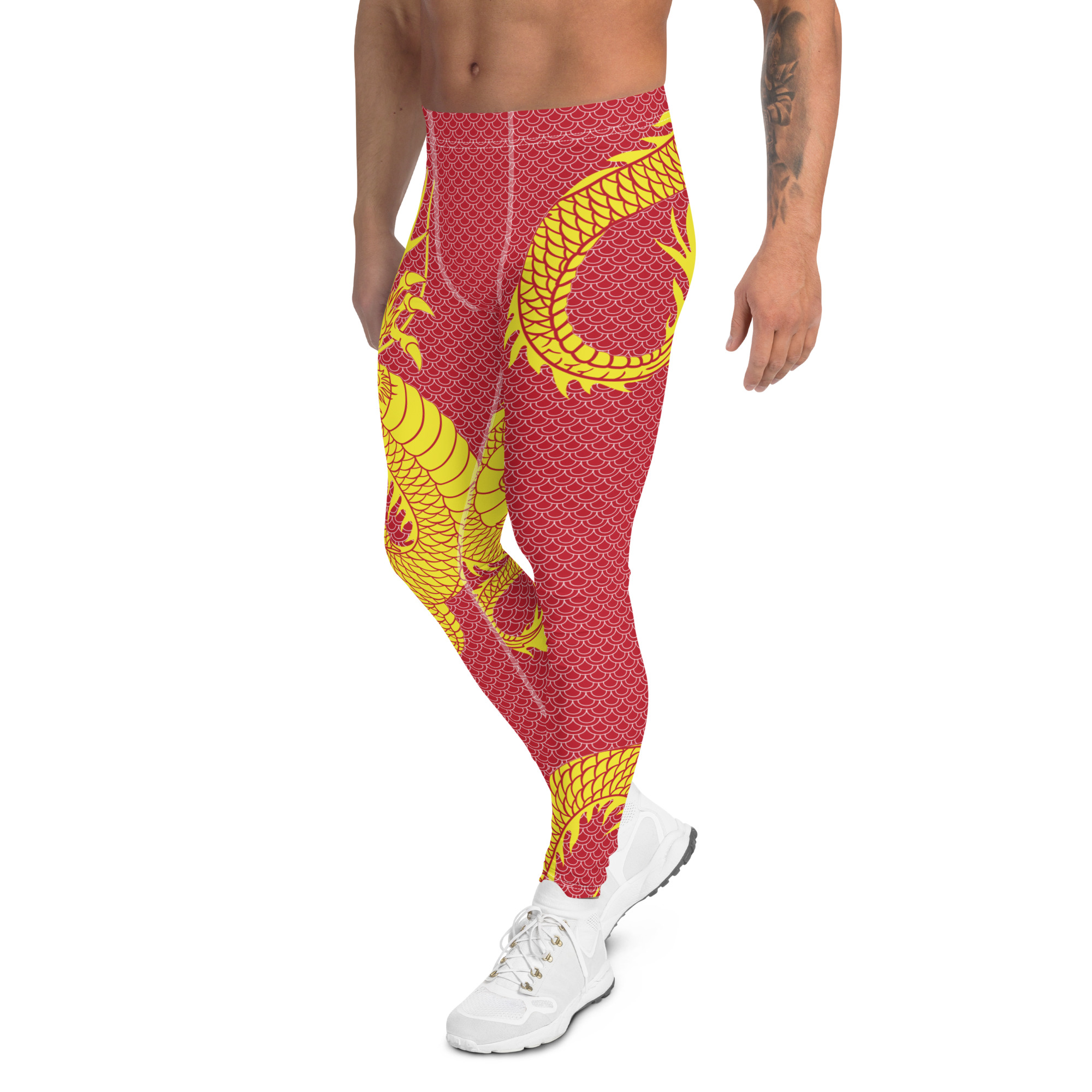 A pair of Yellow Dragon Red Leggings for men, showcasing a vibrant design and high-performance fabric suitable for various activities.