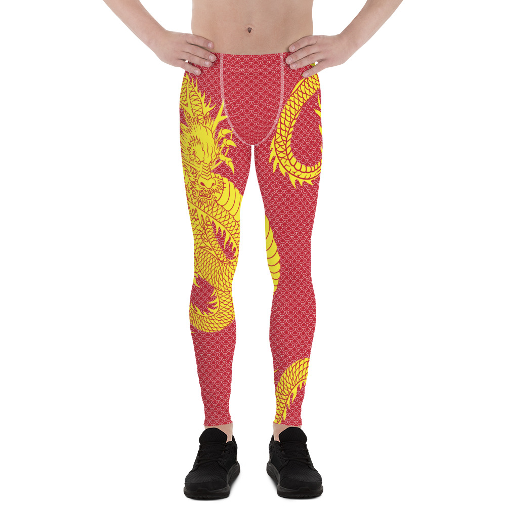 A pair of Yellow Dragon Red Leggings for men, showcasing a vibrant design and high-performance fabric suitable for various activities.