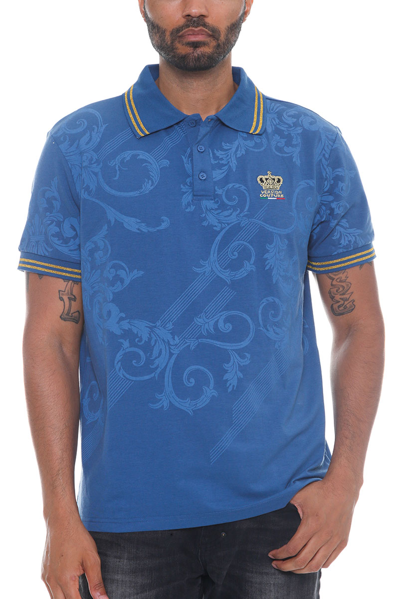 Men's Italian Print Collared Polo Shirt featuring a button-down design, flat knit collar, and chest embroidery.