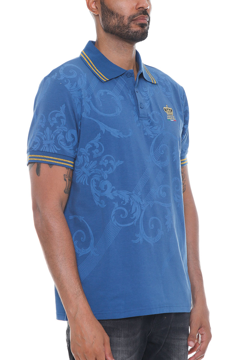 Men's Italian Print Collared Polo Shirt featuring a button-down design, flat knit collar, and chest embroidery.