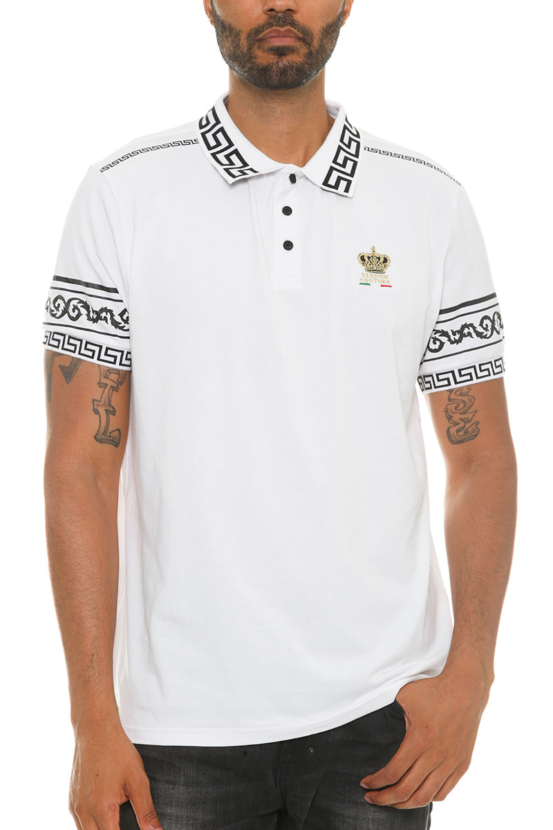 Men's Italian Print Collared Polo Shirt featuring a button-down design, flat knit collar, and stylish embroidery on the chest and sleeves.