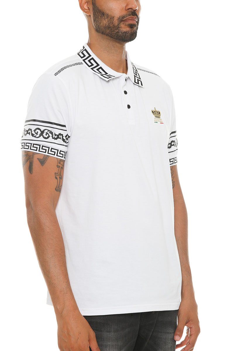 Men's Italian Print Collared Polo Shirt featuring a button-down design, flat knit collar, and stylish embroidery on the chest and sleeves.