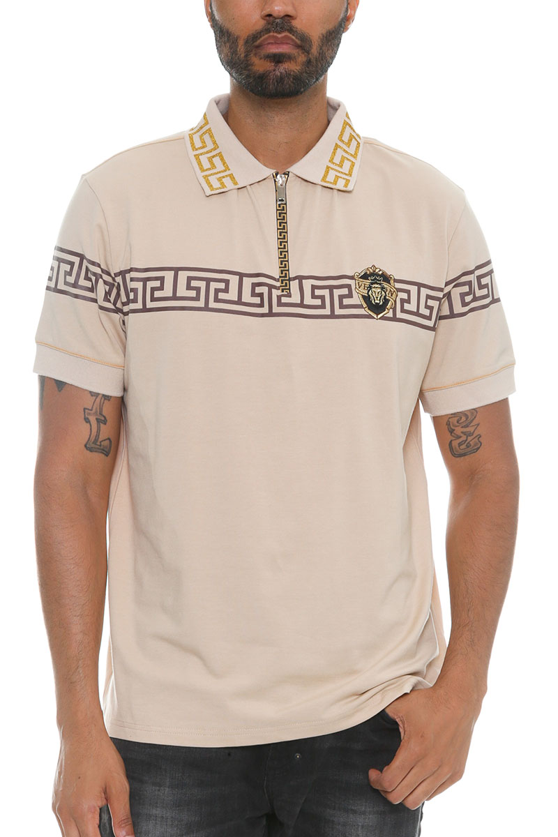 Men's Italian Print Collared Polo Shirt featuring a button-down design, flat knit collar, and stylish chest embroidery.