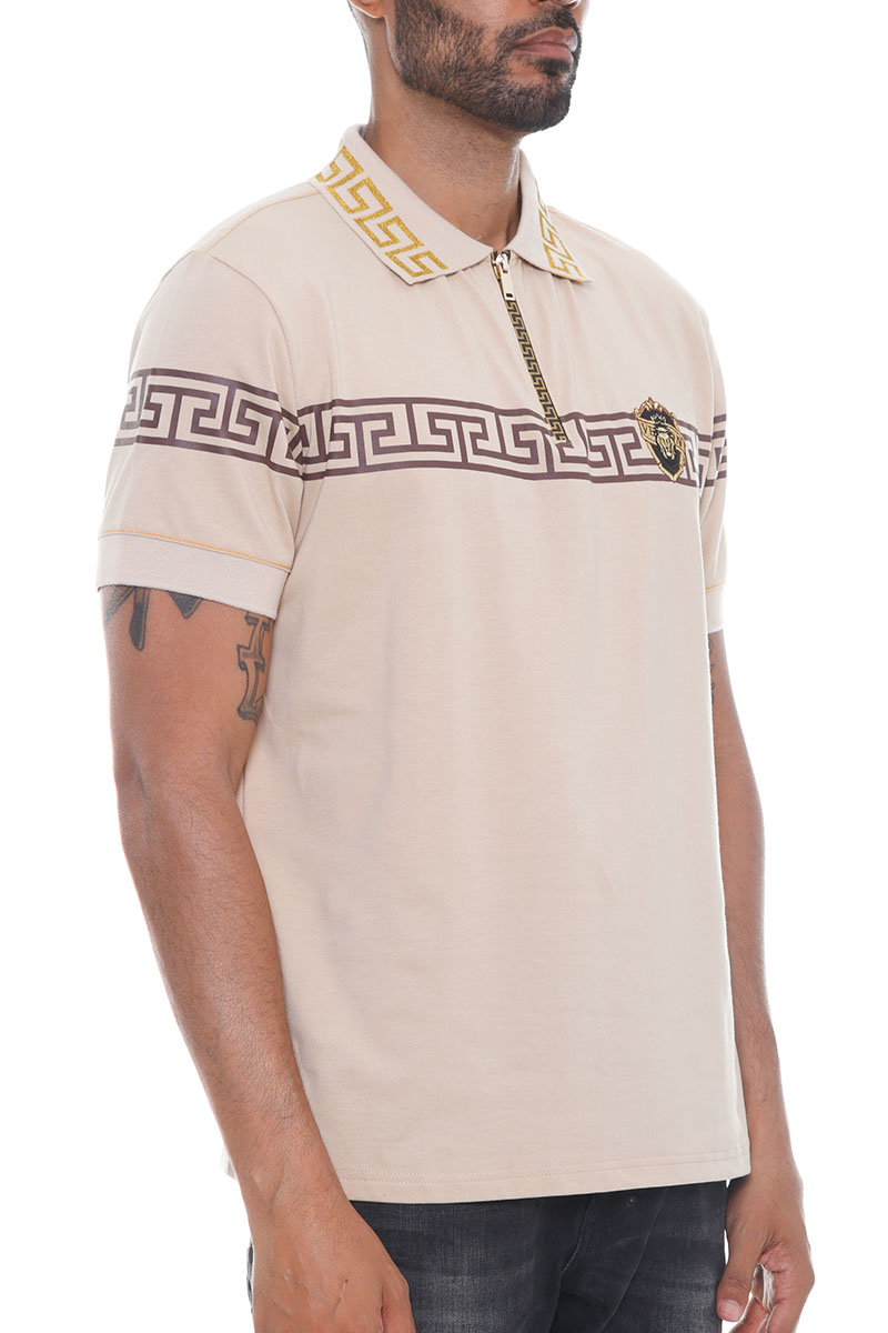 Men's Italian Print Collared Polo Shirt featuring a button-down design, flat knit collar, and stylish chest embroidery.