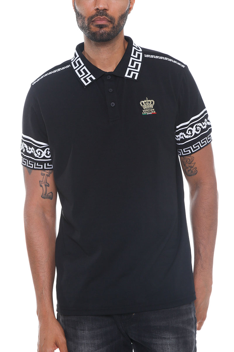 Men's Italian Print Collared Polo Shirt featuring a flat knit collar, chest embroidery, and unique designs on sleeves and cuffs.