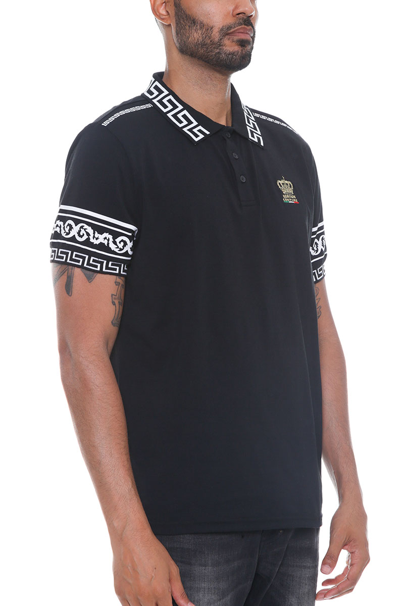 Men's Italian Print Collared Polo Shirt featuring a flat knit collar, chest embroidery, and unique designs on sleeves and cuffs.