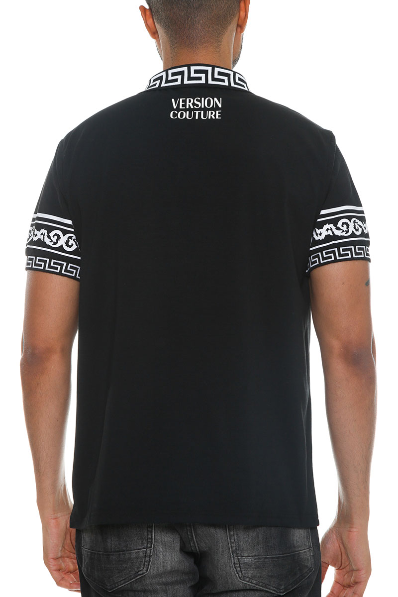 Men's Italian Print Collared Polo Shirt featuring a flat knit collar, chest embroidery, and unique designs on sleeves and cuffs.