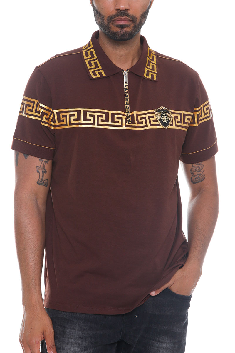 Men's Italian Print Collared Polo Shirt featuring a button-down design, flat knit collar, and stylish chest embroidery.