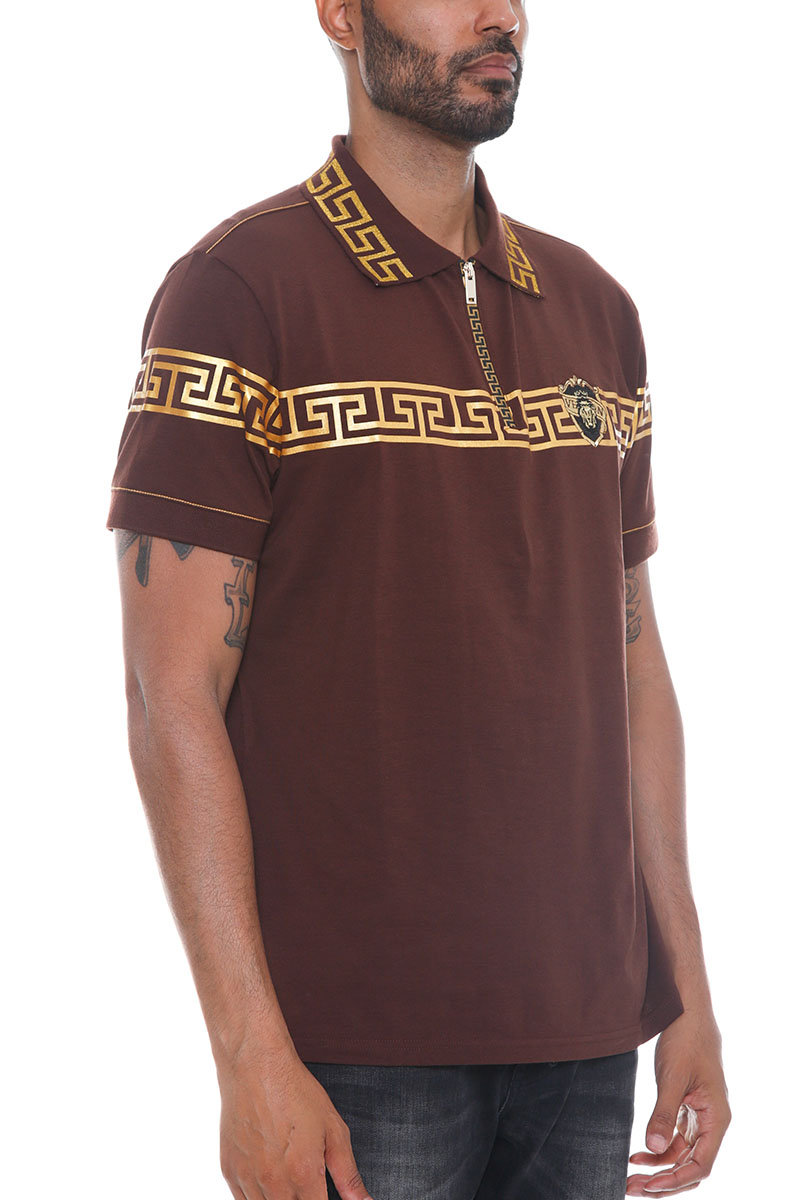 Men's Italian Print Collared Polo Shirt featuring a button-down design, flat knit collar, and stylish chest embroidery.