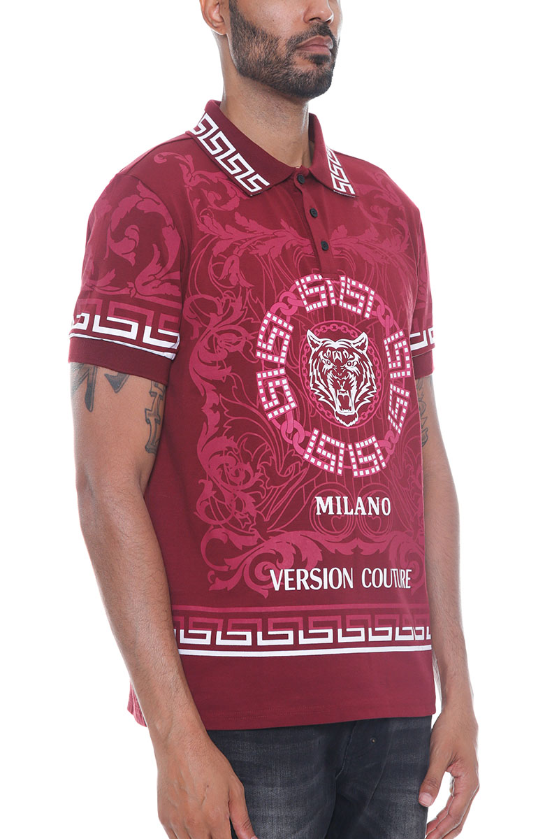 Men's Italian Print Collared Polo Shirt featuring a button-down collar, chest embroidery, and stylish designs on sleeves and cuffs.