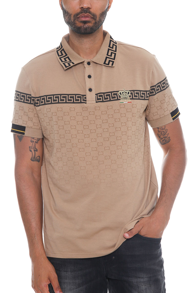 Men's Italian Print Collared Polo Shirt featuring a flat knit collar, chest embroidery, and unique designs on sleeves and cuffs.