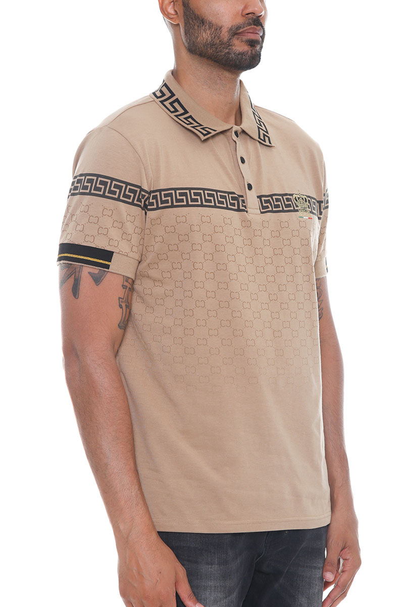 Men's Italian Print Collared Polo Shirt featuring a flat knit collar, chest embroidery, and unique designs on sleeves and cuffs.