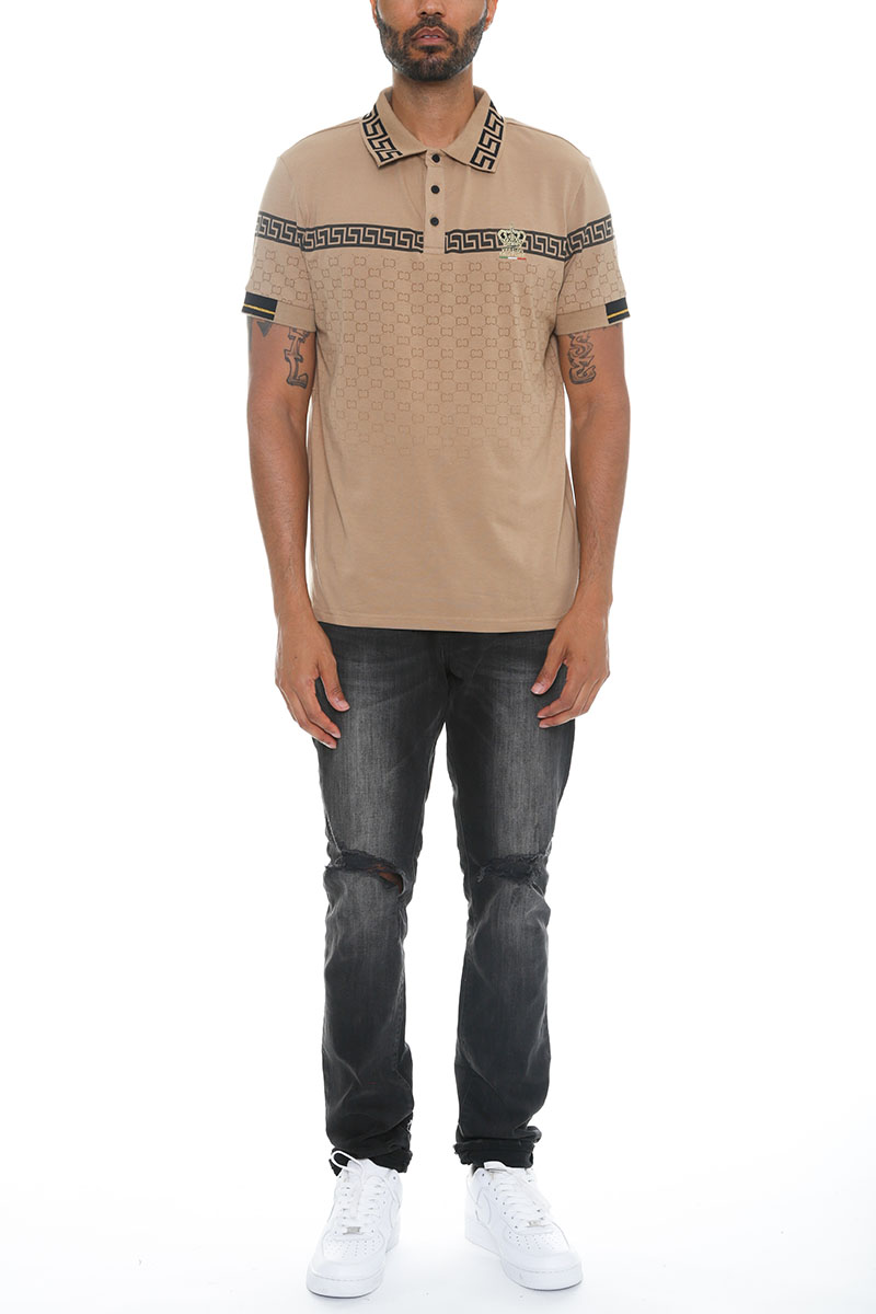 Men's Italian Print Collared Polo Shirt featuring a flat knit collar, chest embroidery, and unique designs on sleeves and cuffs.