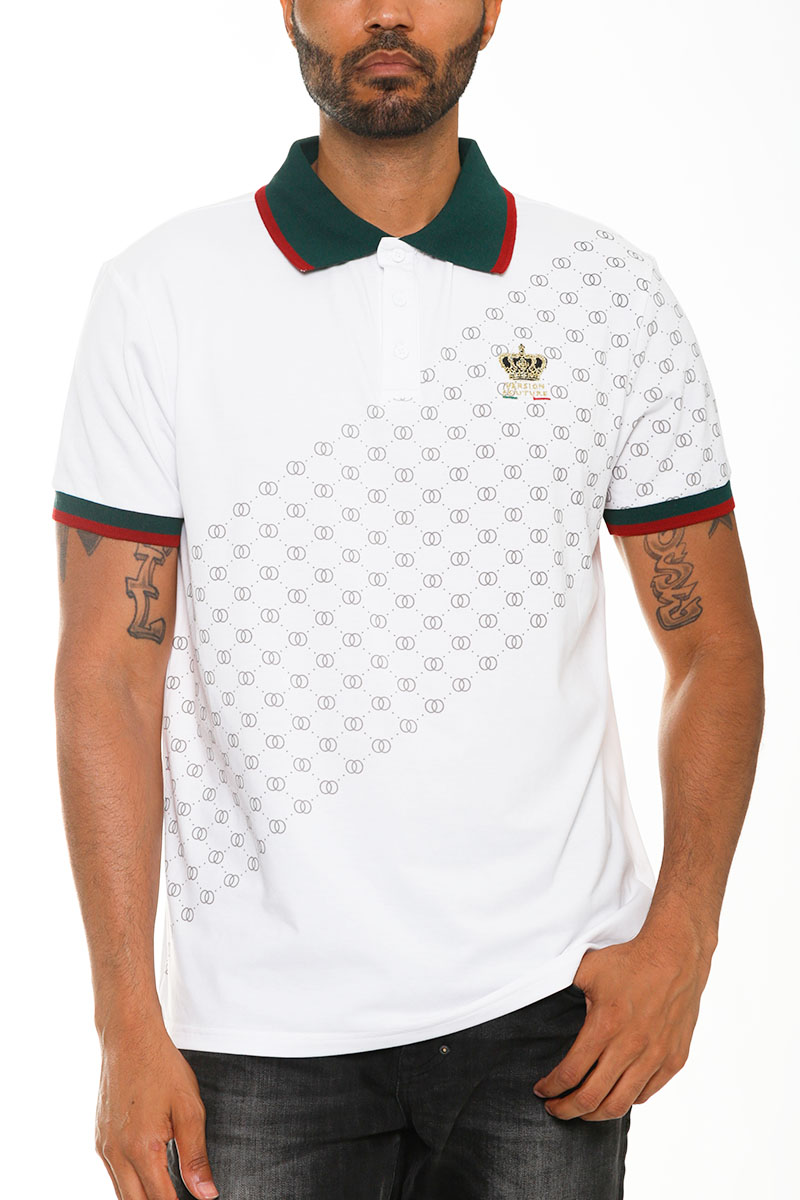 Men's Italian Print Collared Polo Shirt featuring a button-down collar, chest embroidery, and unique sleeve designs.