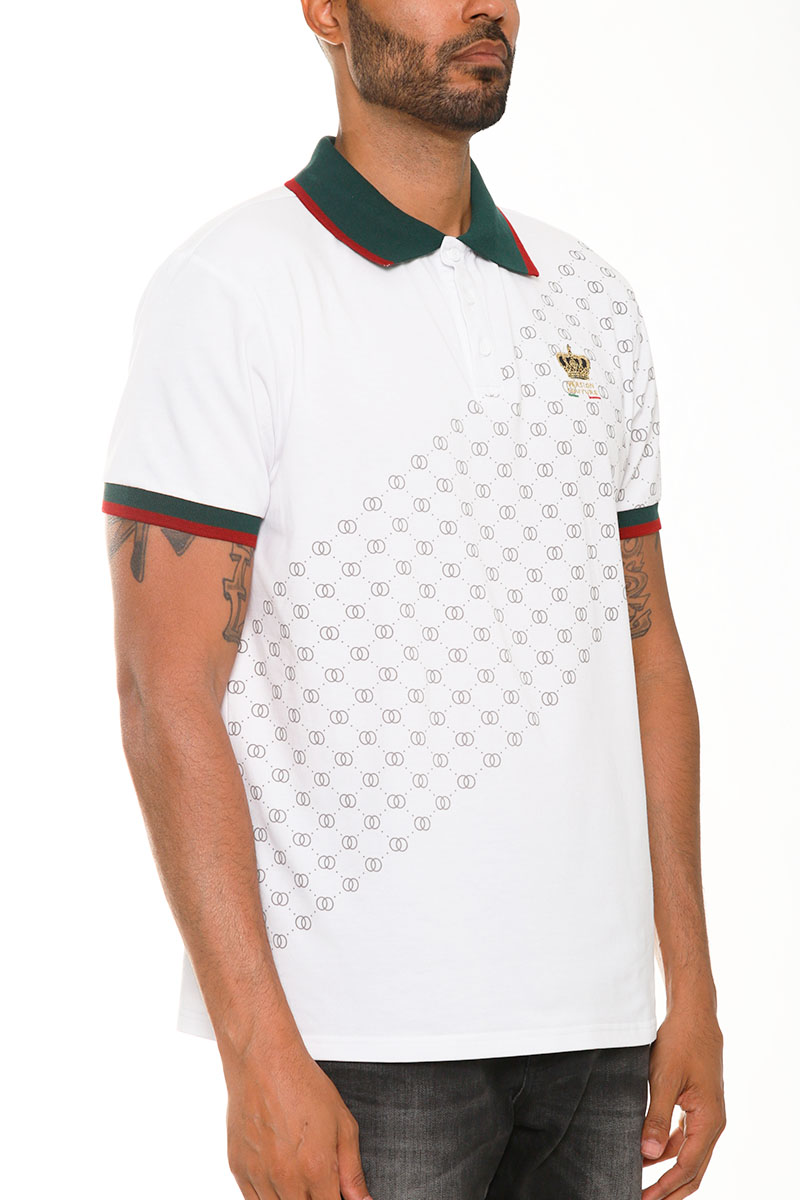 Men's Italian Print Collared Polo Shirt featuring a button-down collar, chest embroidery, and unique sleeve designs.