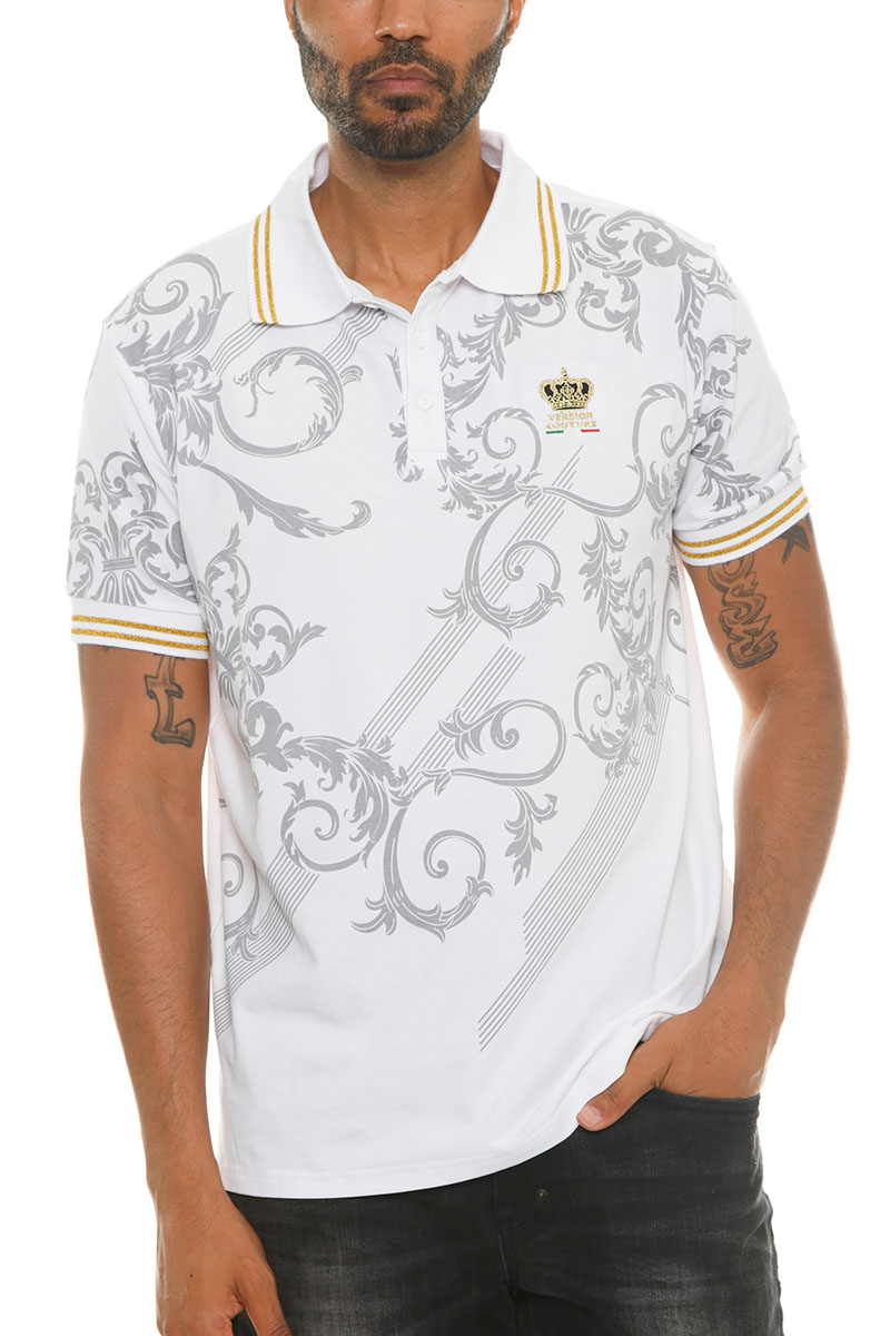 Men's Italian Print Collared Polo Shirt featuring a button-down design, flat knit collar, and chest embroidery with unique sleeve designs.