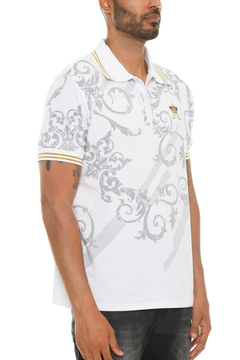 Men's Italian Print Collared Polo Shirt featuring a button-down design, flat knit collar, and chest embroidery with unique sleeve designs.