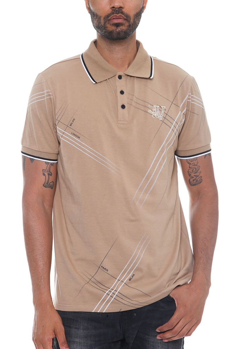 Men's Italian Print Collared Polo Shirt featuring a flat knit collar, chest embroidery, and stylish designs on sleeves and cuffs.