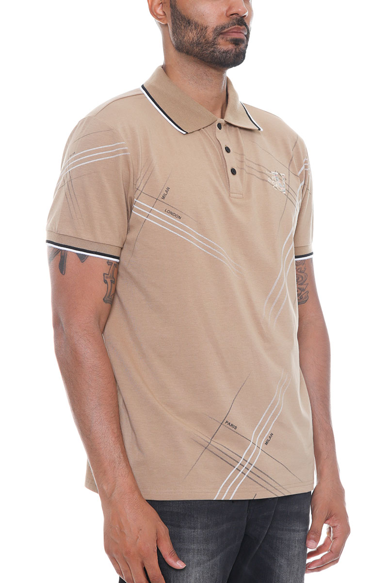 Men's Italian Print Collared Polo Shirt featuring a flat knit collar, chest embroidery, and stylish designs on sleeves and cuffs.