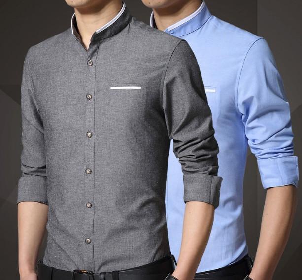 Men's Mandarin Collar Shirt in Gray, Denim Blue, and Sky Blue colors, showcasing a stylish design with a modern collar.