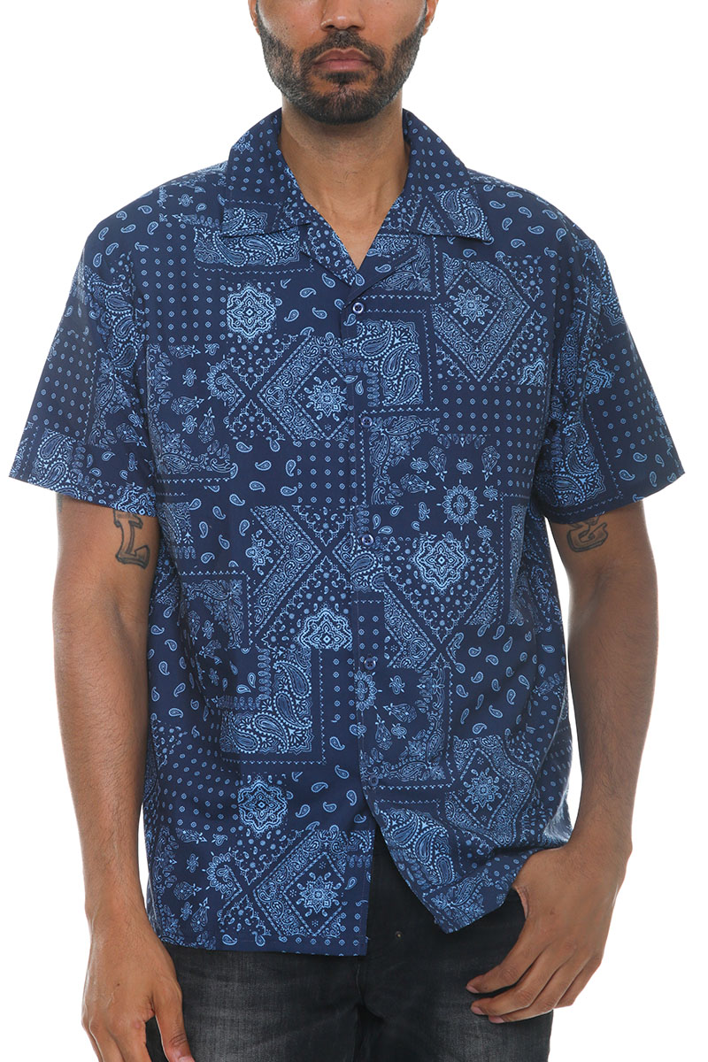 Men's paisley print button down shirt featuring a vibrant design, short sleeves, and a classic collar, made from 100% polyester.