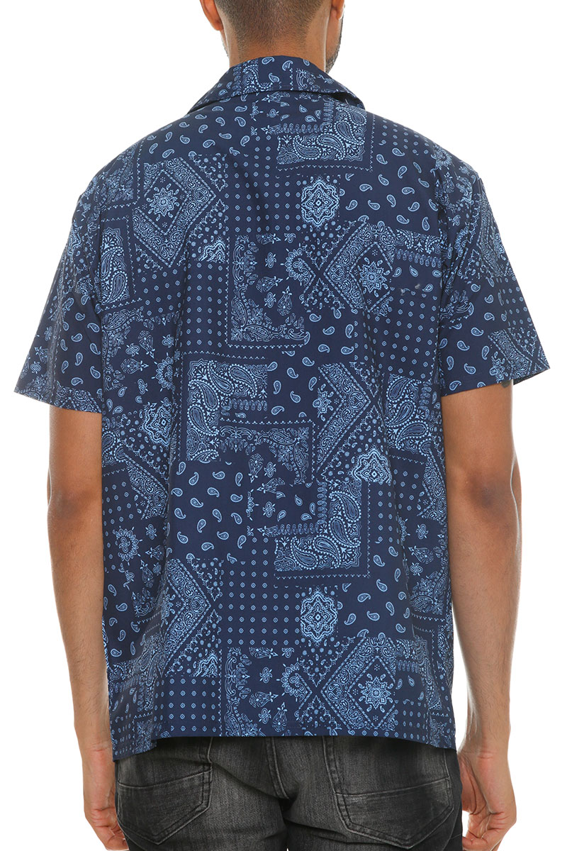 Men's paisley print button down shirt featuring a vibrant design, short sleeves, and a classic collar, made from 100% polyester.